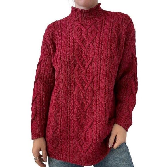 Vintage Hand Knit The Limited Red Chunky Cable Knit Fisherman Sweater Sz L - Picture 3 of 7